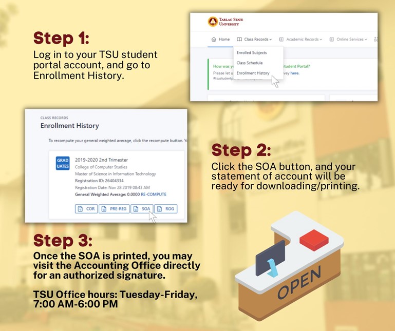 Printing of Statement of Account (SOA) through the TSU Student Portal Tarlac State University