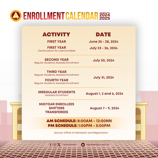 Enrollment Calendar for Academic Year 20242025 Tarlac State University