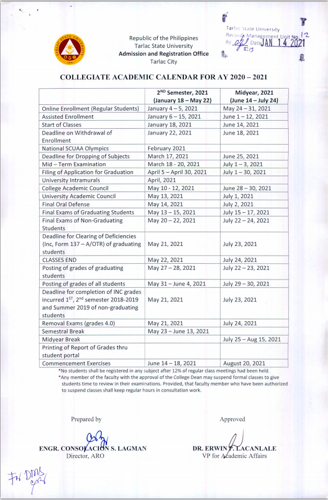 Collegiate Academic Calendar for A.Y. 20202021 Tarlac State University